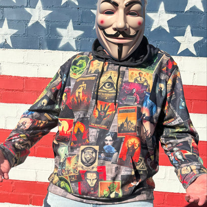 Guy Fawkes celebrating in Covert Agency hoodie