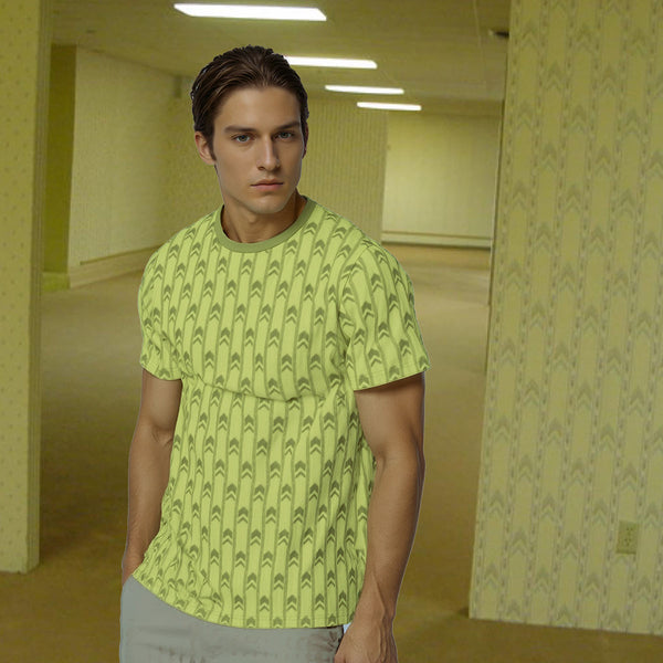 Backrooms Wallpaper T-Shirt | Liminal Spaces Yellow-Green Cotton Tee | Creepypasta Internet Culture Shirt