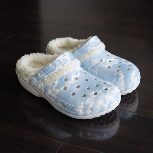 Cloud Nine Fleece-Lined Clogs | Cozy Cloud Print Slip-On Lounge Shoes