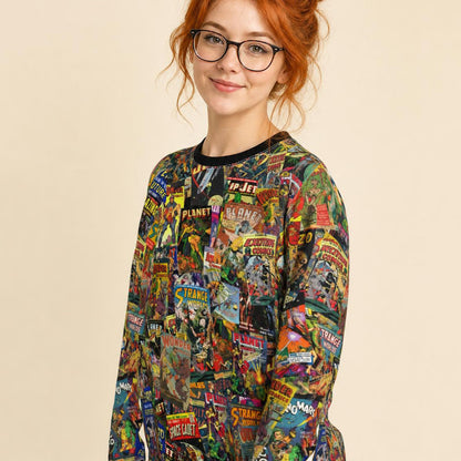 Sci-Fi Comics Long Sleeve Tee | Golden Age Ray-Gun & Rocket All-Over Print