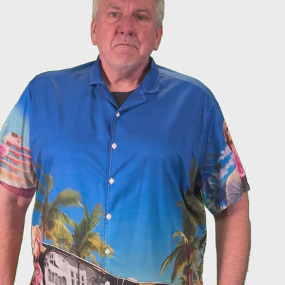 Video of person wearing They Live Miami-flavored Hawaiian style button down shirt 