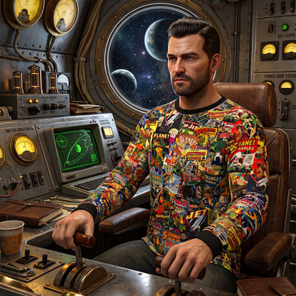 Sci-Fi Comics Long Sleeve Tee | Golden Age Ray-Gun & Rocket All-Over Print