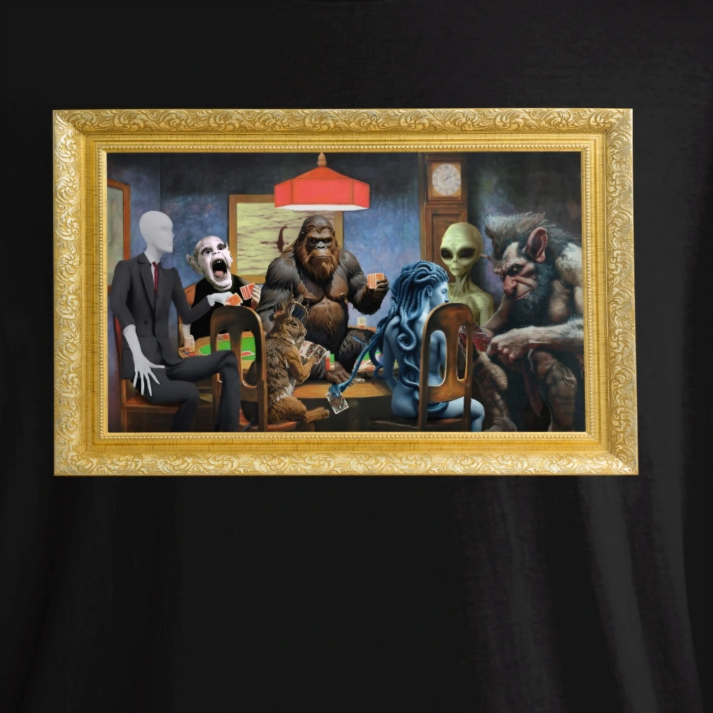 Cryptids Playing Poker T-Shirt | Bigfoot Loch Ness Monster Art Parody | Mythical Creatures Cotton Tee