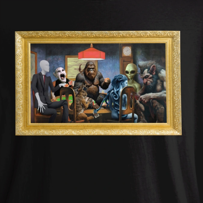 Cryptids Playing Poker T-Shirt | Bigfoot Loch Ness Monster Art Parody | Mythical Creatures Cotton Tee