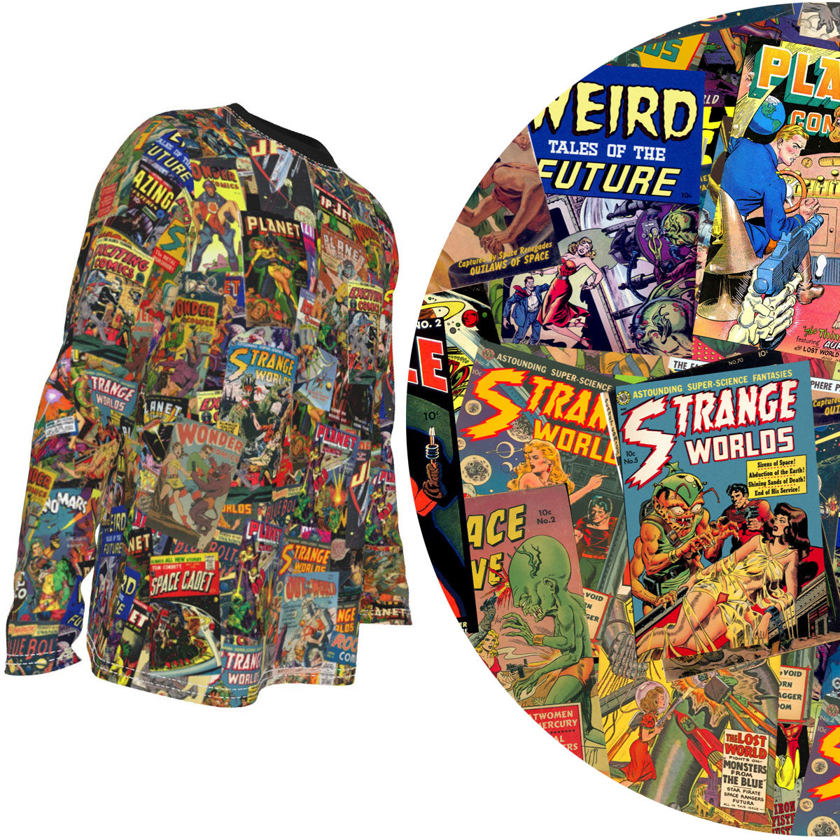 Sci-Fi Comics Long Sleeve Tee | Golden Age Ray-Gun & Rocket All-Over Print