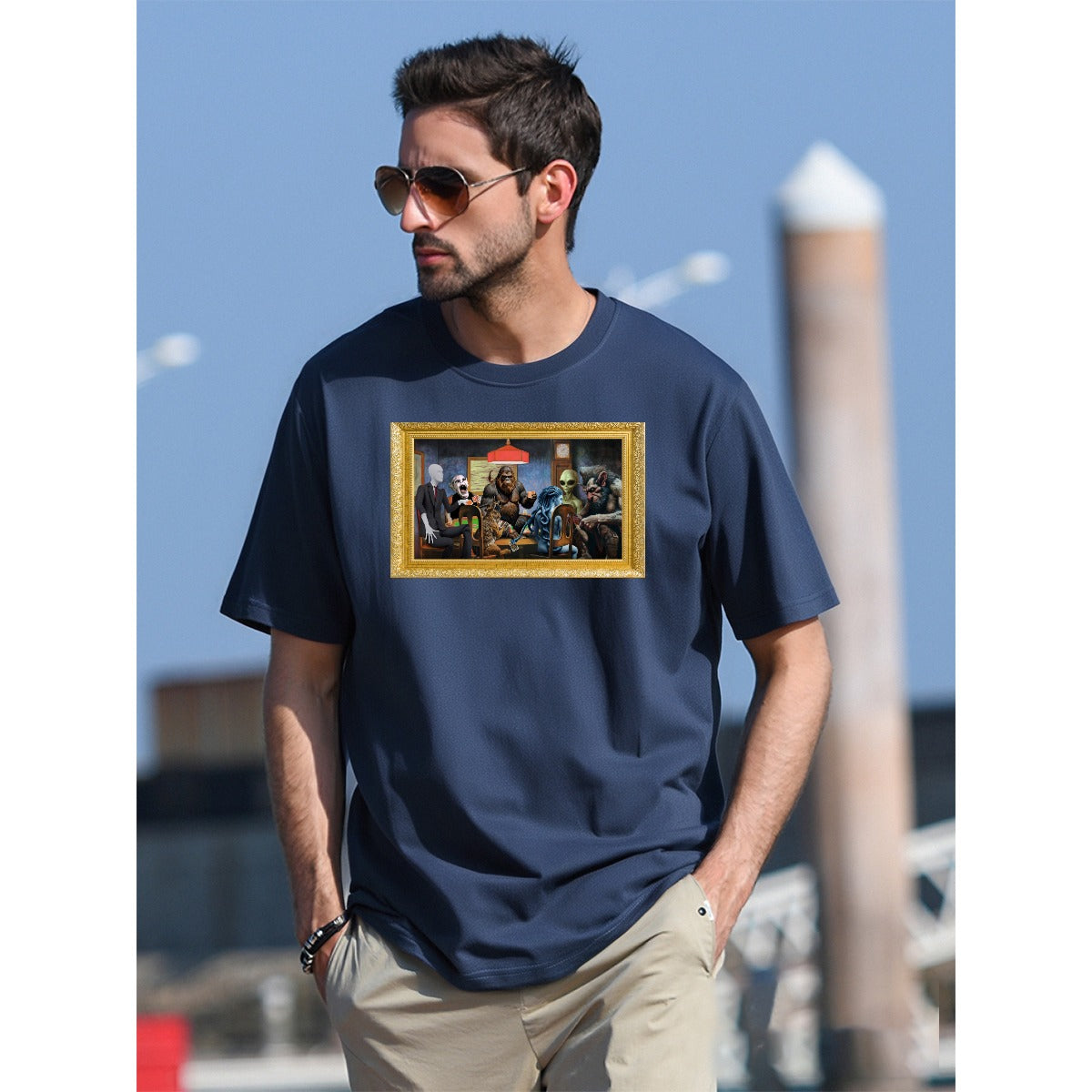 Cryptids Playing Poker T-Shirt | Bigfoot Loch Ness Monster Art Parody | Mythical Creatures Cotton Tee