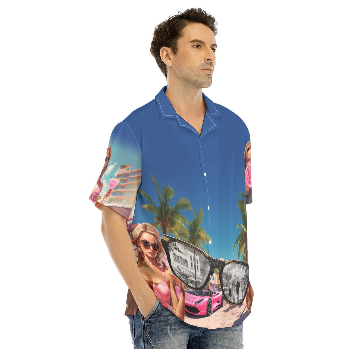 man wearing They Live Miami-flavored Hawaiian style button down shirt